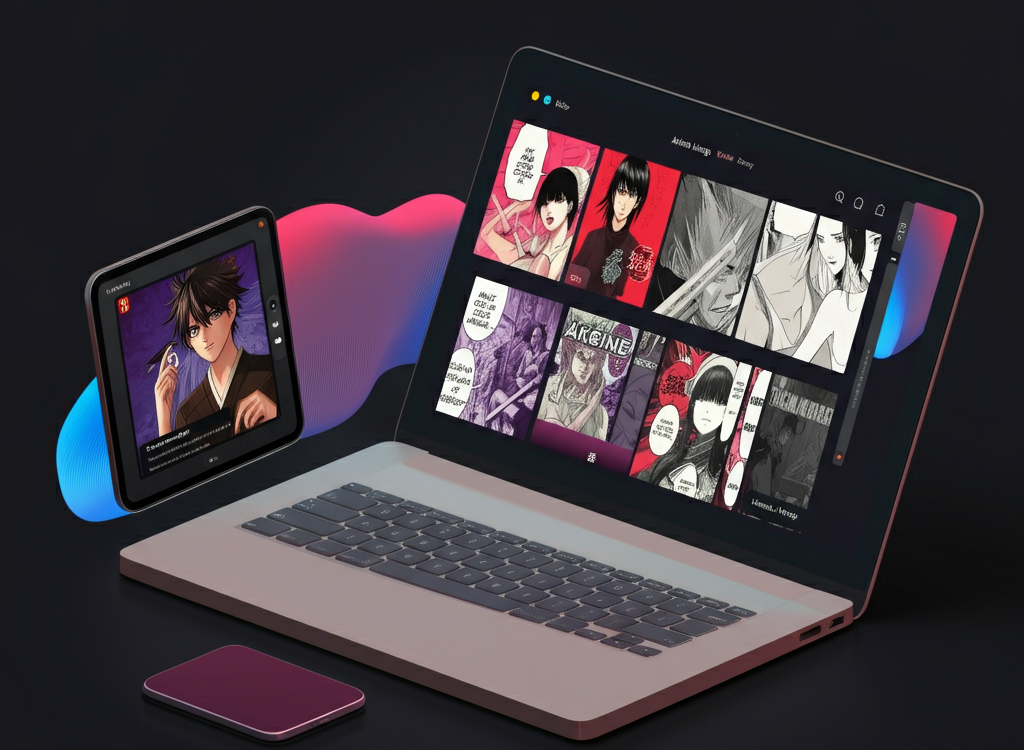 Digital library interface showcasing vibrant manga covers with anime-inspired elements.