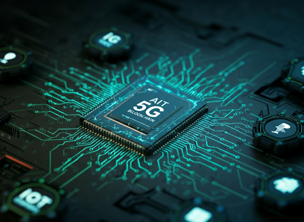 A futuristic digital landscape showcasing AI, blockchain, IoT, and 5G.