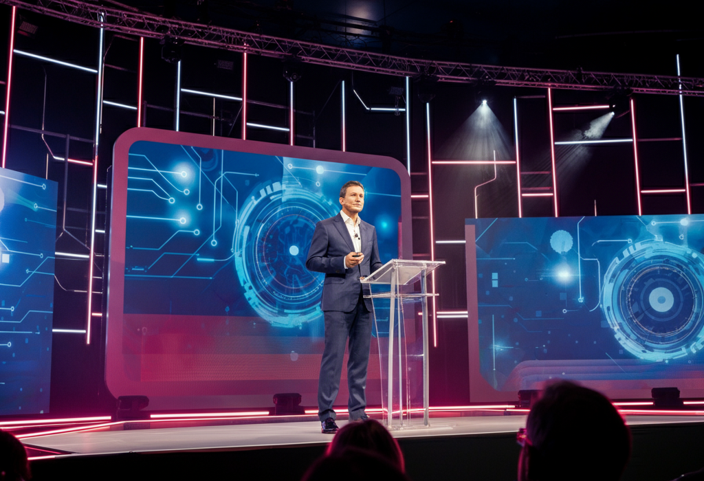 A confident CEO, Mike Murphy, presenting on a brightly lit stage at a professional conference, with large digital screens displaying tech-themed graphics to an engaged audience.