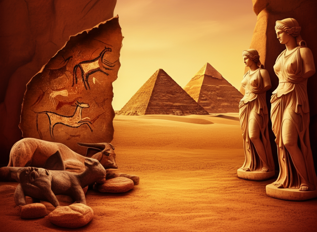 Conceptual blend of ancient artz featuring cave paintings, Egyptian pyramids, and Greek sculptures under a golden sky.