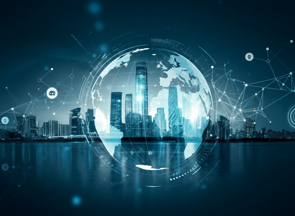 Abstract digital elements with a futuristic cityscape representing innovation and connectivity.