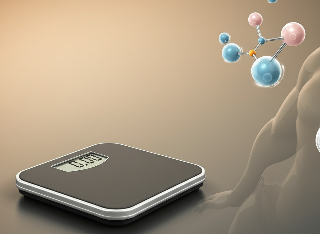 Innovative weight management concept with human silhouette and molecular structures.