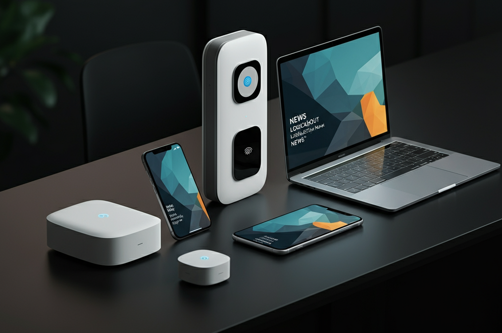 Modern tech devices including smartphones, laptops, and smart home gadgets on a dark surface, representing a connected digital lifestyle.