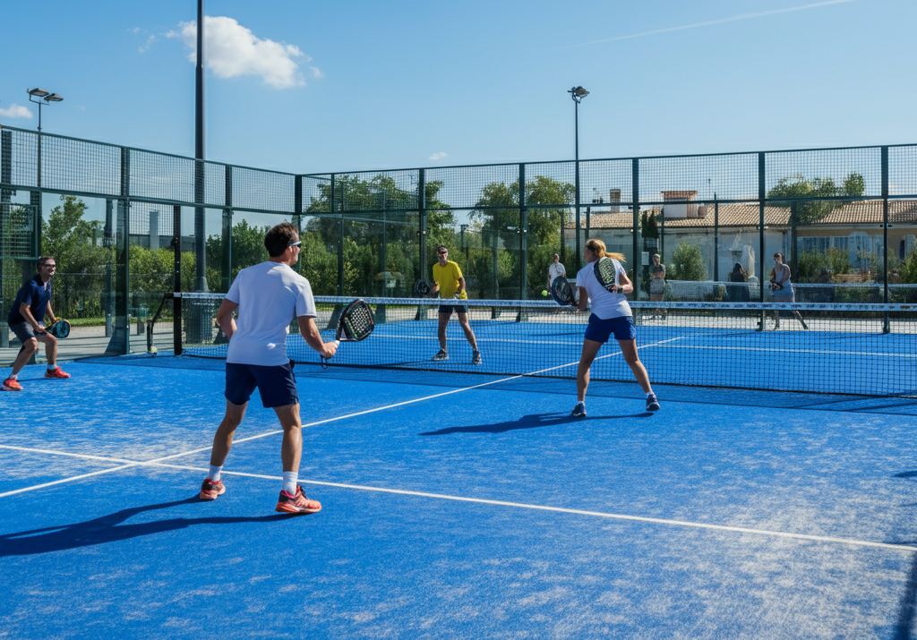 Players enjoying a dynamic game of padel on a vibrant blue court, showcasing the energy and community spirit of NLPadel.