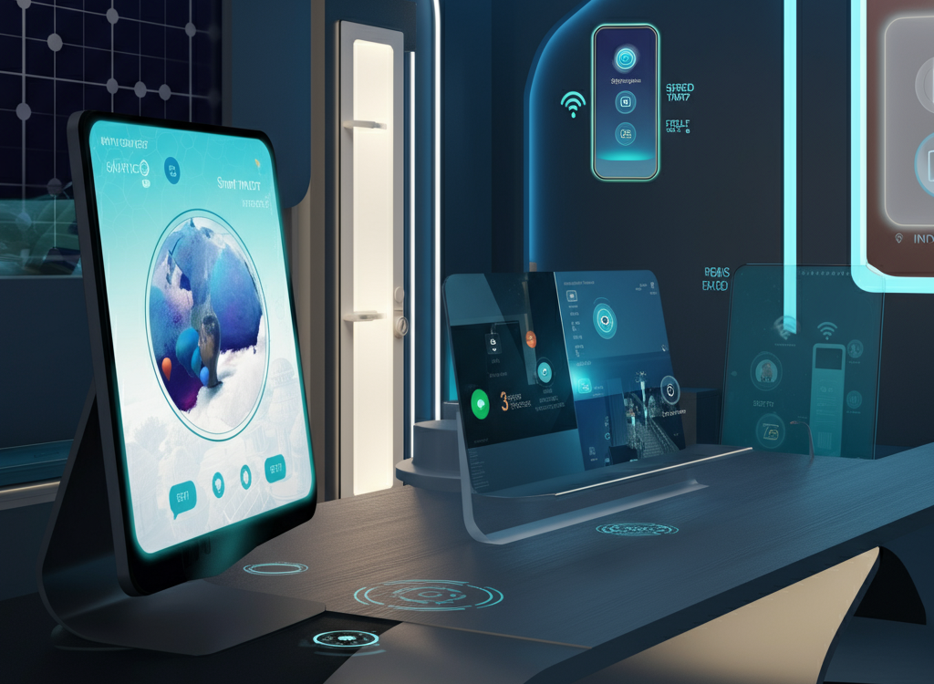 Futuristic smart home in India powered by AI, featuring smart lighting, AI assistants, and energy-efficient systems.