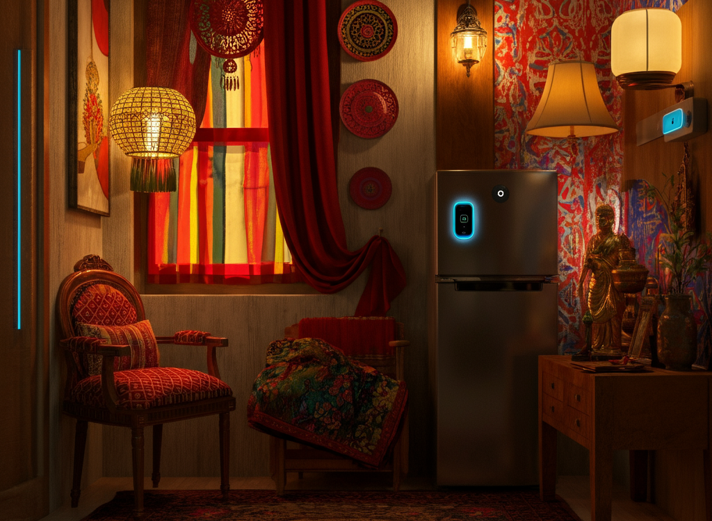 Modern Indian smart home with AI-powered devices, including smart lighting, security systems, and a cozy living room blending traditional and futuristic decor.