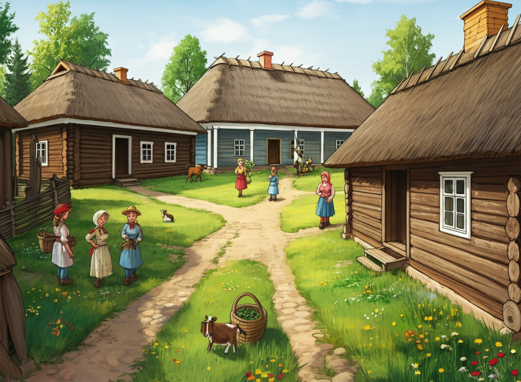 Traditional Lithuanian village (Sodziu) with wooden cottages and green fields.