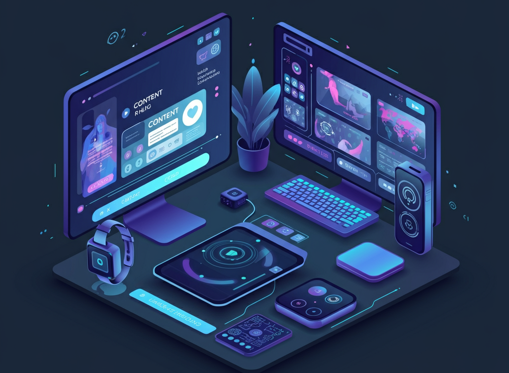 Illustration of a futuristic tech hub with AI, wearable tech, and smart home devices.