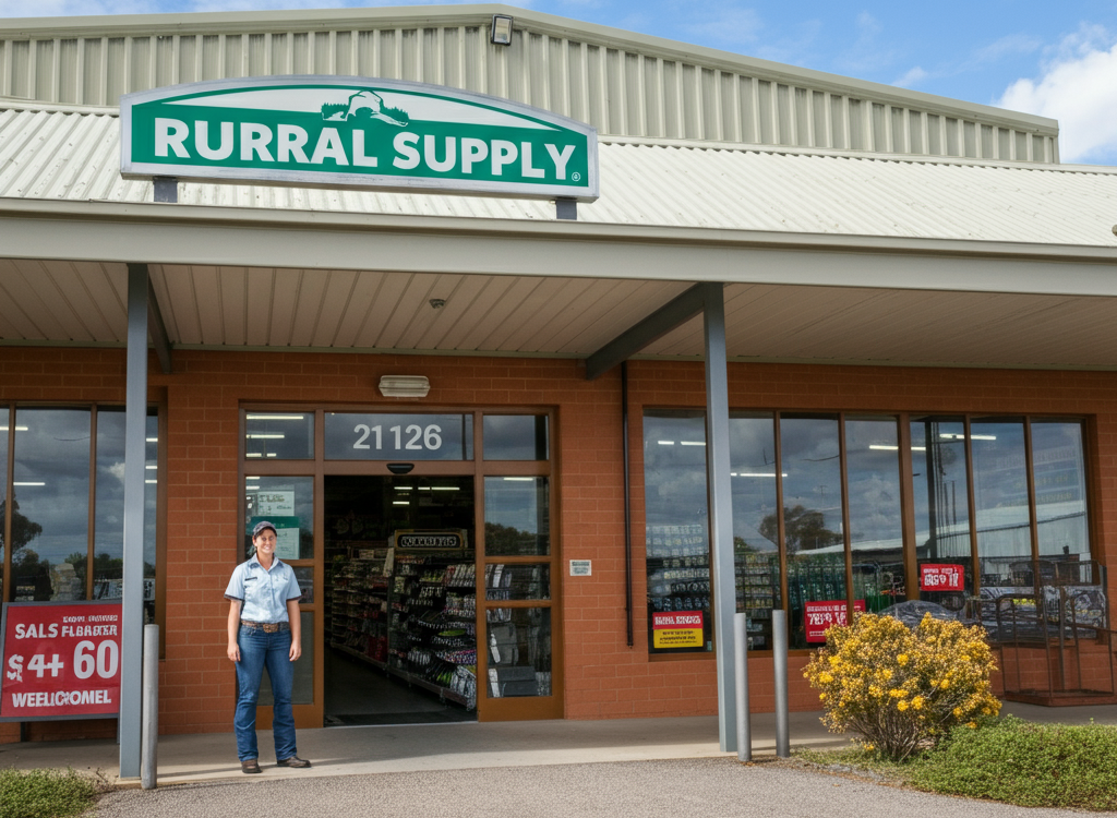 Friendly Tractor Supply sales associate welcoming customers at the store entrance.